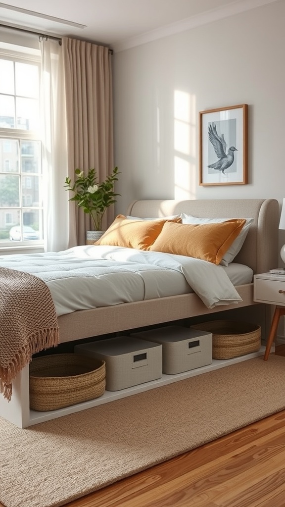 A cozy bedroom with a bed featuring under-bed storage solutions, including woven baskets and storage boxes.