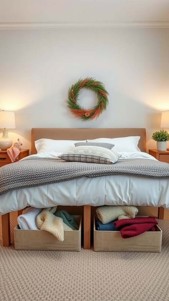 A cozy bedroom with a bed and under-bed storage bins holding seasonal clothing.
