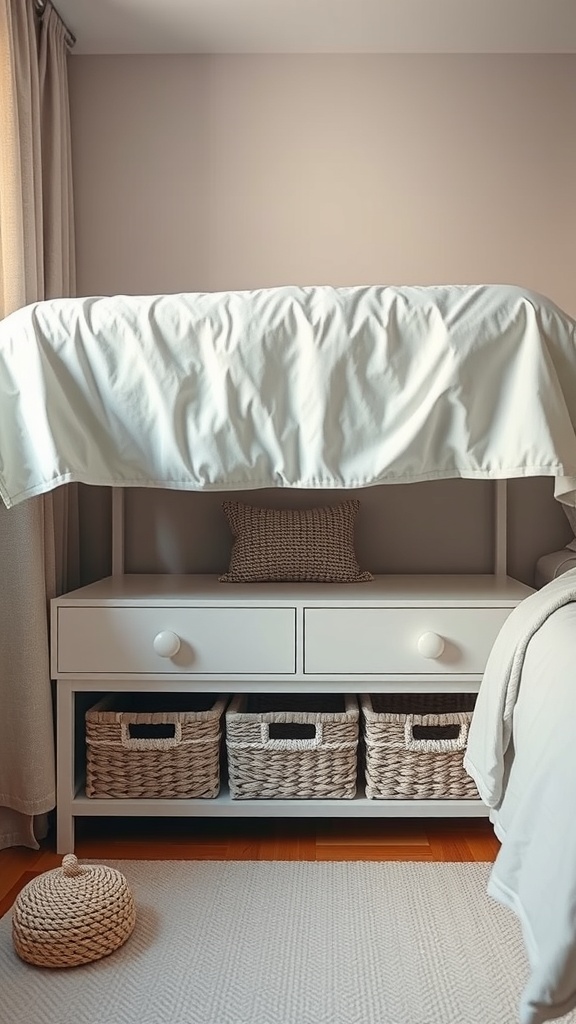 A bedroom with an elevated bed, featuring under-bed storage baskets and drawers for organization.