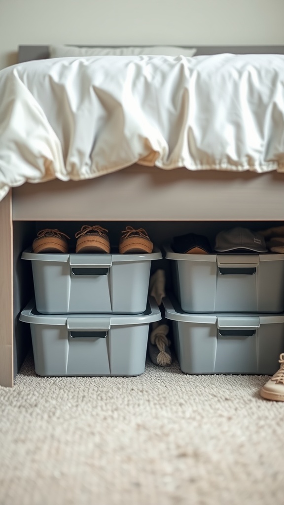 Gray storage bins arranged under a bed, storing shoes and other items for organization.