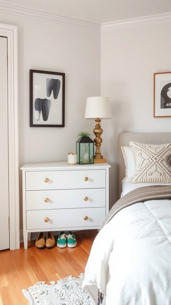A small bedroom featuring a white dresser with gold knobs, placed next to a bed, showcasing an organized and stylish space.