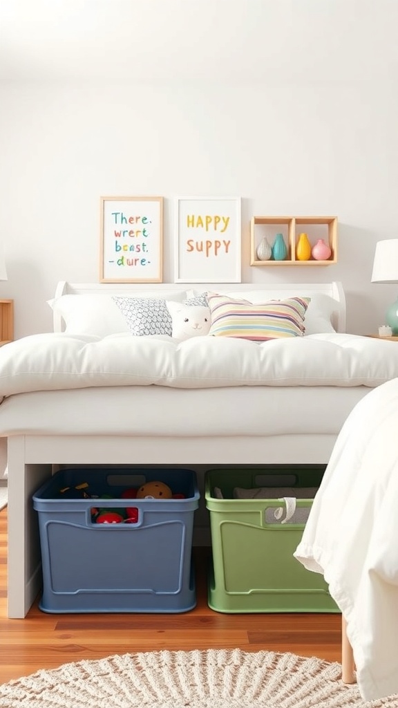 Colorful under-bed storage bins for toys in a kids' room