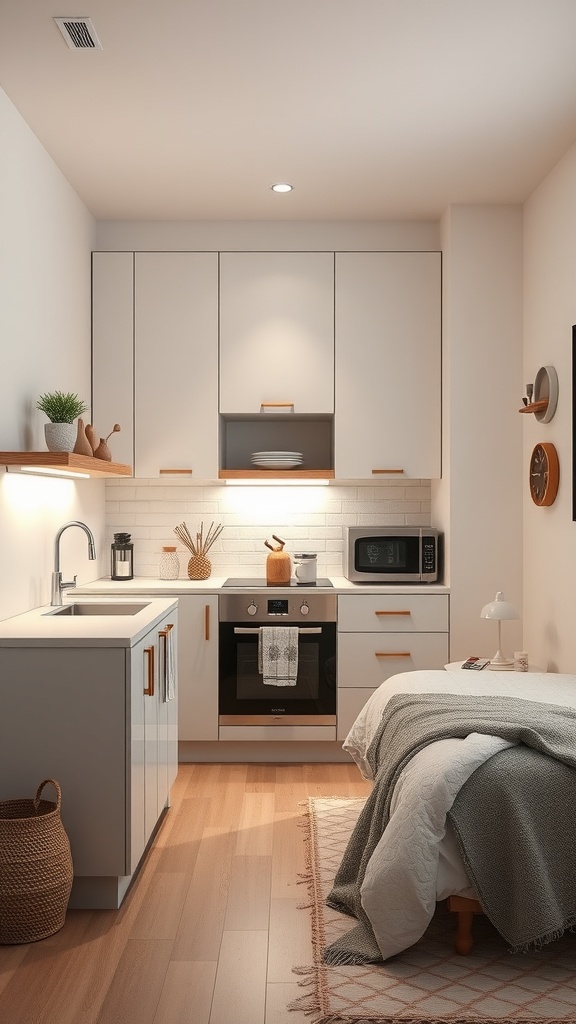 A small kitchen with under-cabinet lighting illuminating the countertop area.