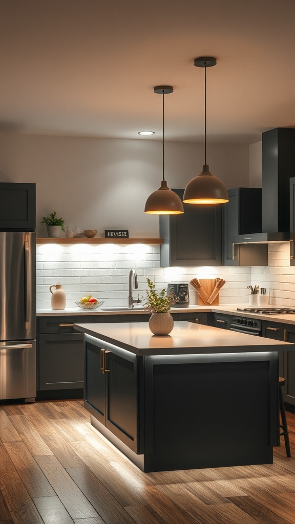 A modern kitchen with under-cabinet lighting and pendant lights over the island.