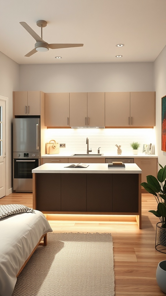 Modern kitchen with under-cabinet lighting illuminating the island and countertop.