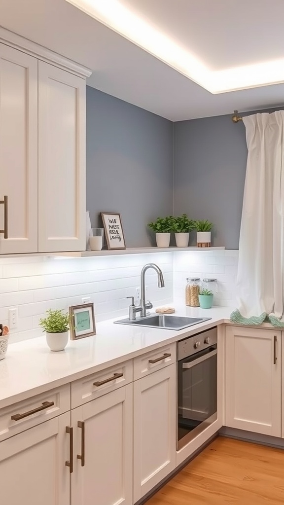 A modern kitchen with under-cabinet lighting illuminating the countertop.