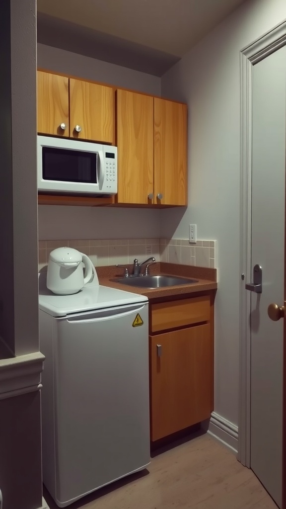 A small kitchen featuring under-counter appliances including a compact fridge and a microwave.
