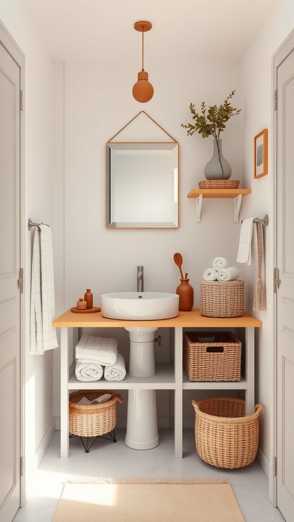 A small bathroom with organized under-sink storage featuring open shelving, wicker baskets, and decorative elements.