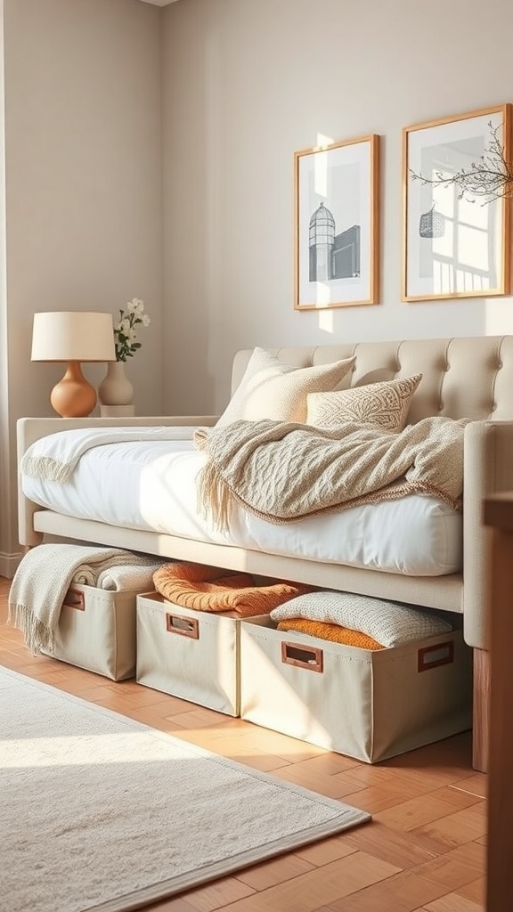 A cozy living room with a sofa and storage boxes underneath, filled with blankets.