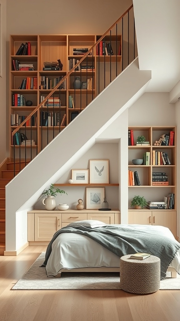 A cozy room featuring a wooden under-stair bookshelf filled with books and decorative items, alongside a bed and additional shelving.