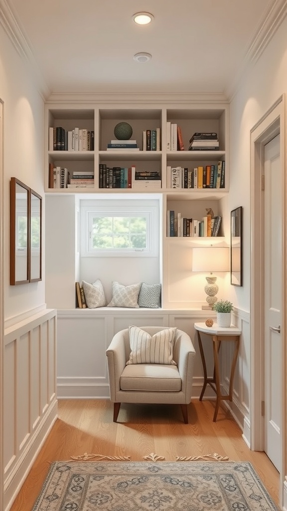 Cozy under-stair library space with bookshelves, a chair, and warm lighting.