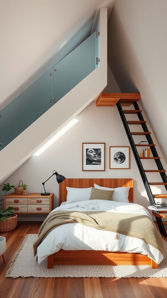Cozy bedroom with under-stair storage area, stylish staircase, and natural light.