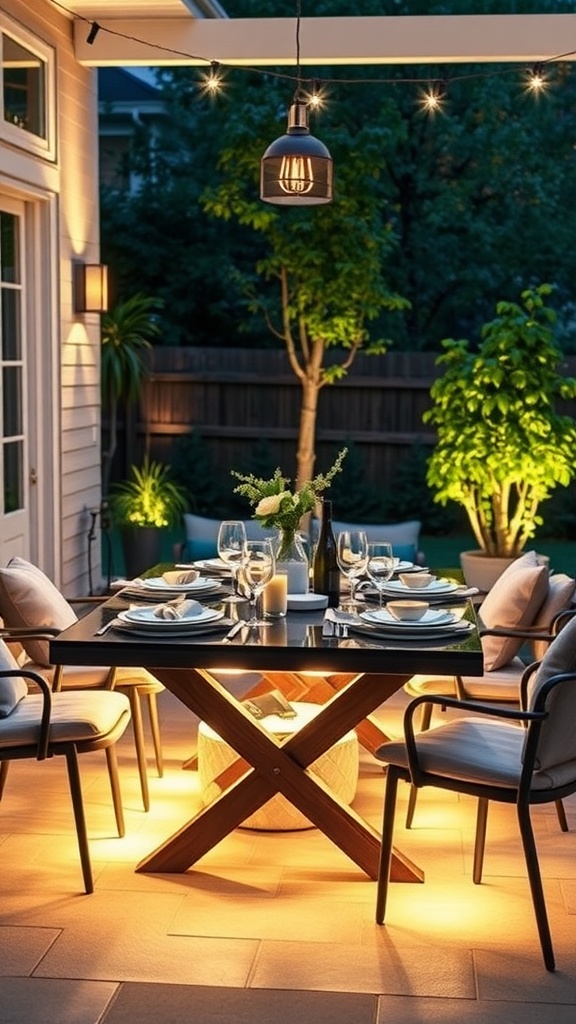 A cozy outdoor dining setup with under-table lighting, surrounded by greenery.