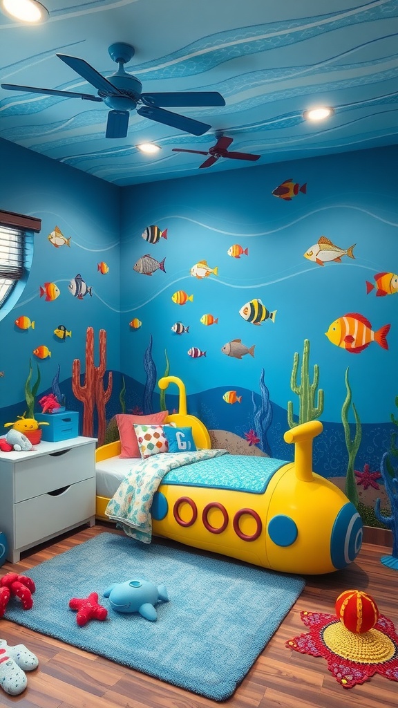 A colorful kids' bedroom with an underwater theme featuring a submarine bed, fish wall decals, and ocean-themed decor.