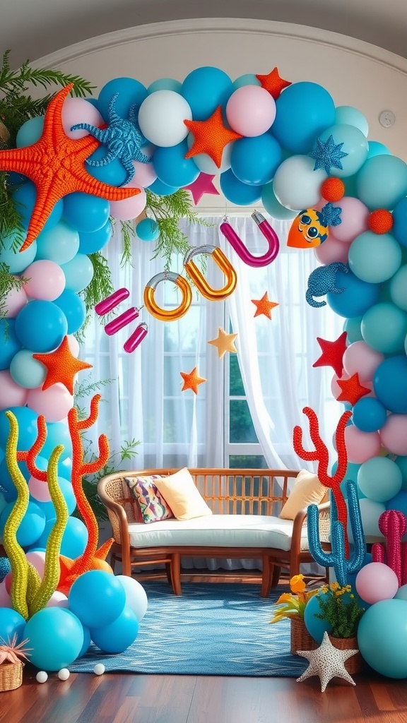 A colorful balloon arch with ocean-themed elements, featuring starfish and colorful balloons, creating a joyful atmosphere.