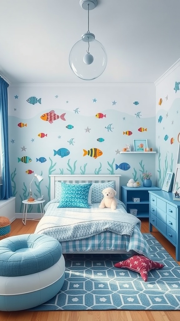 A bright and colorful under-the-sea themed kindergarten bedroom featuring fish wall decals, a cozy bed with pillows, a plush teddy bear, and a starfish rug.