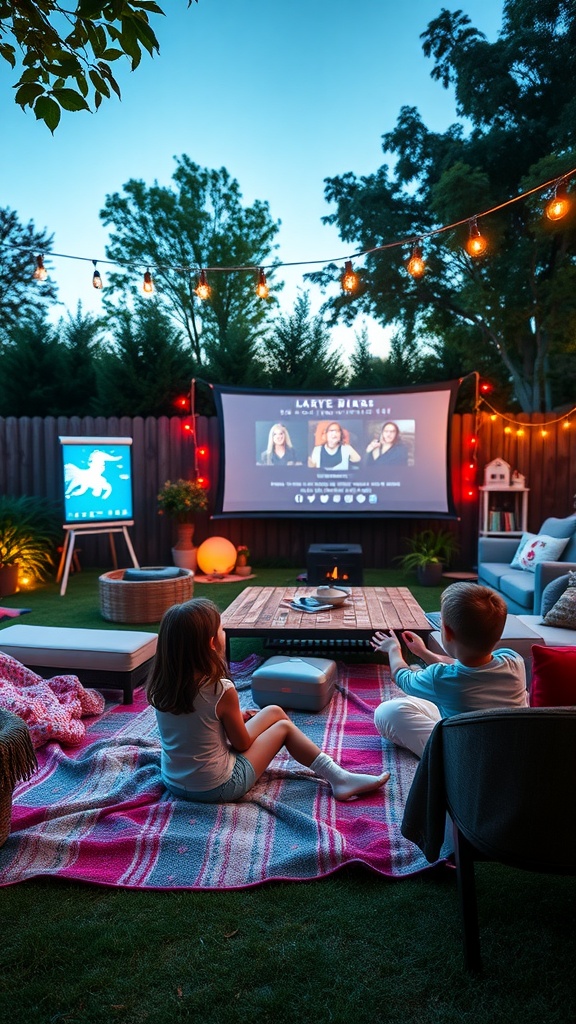 A backyard movie setup with kids sitting on a blanket, watching a film on a large screen surrounded by cozy seating and warm lights.