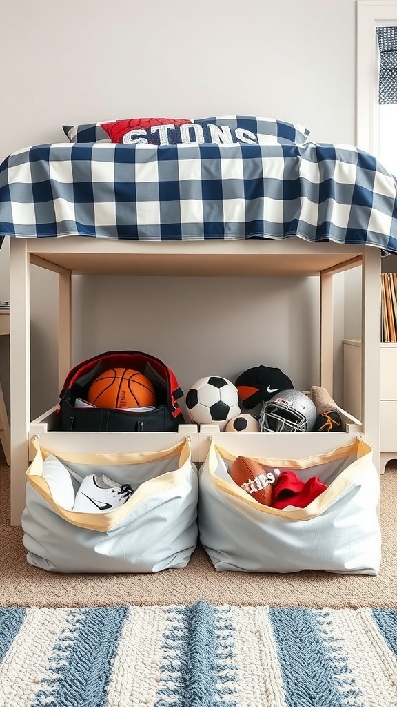 Under bed storage bags holding sports gear like shoes, balls, and equipment under a bed.