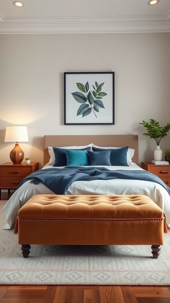 A stylish bedroom featuring a tufted storage ottoman at the foot of the bed, surrounded by cozy decor.