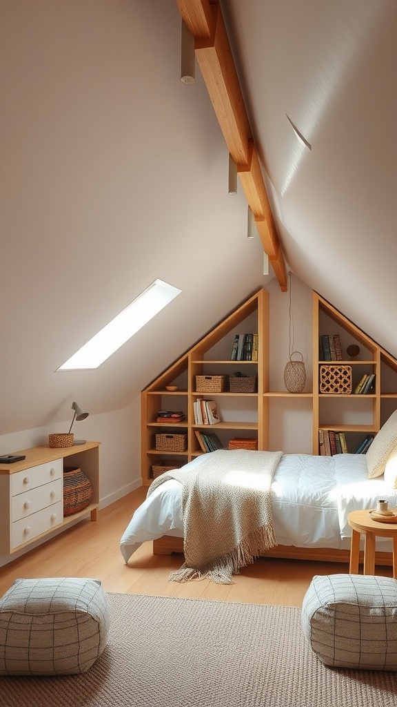 A cozy attic bedroom featuring under eaves storage solutions with wooden shelves and natural light.