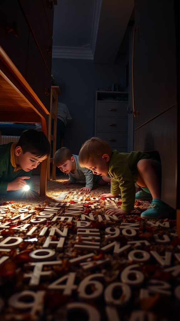 Three children exploring under furniture with flashlights, discovering letters on the floor.