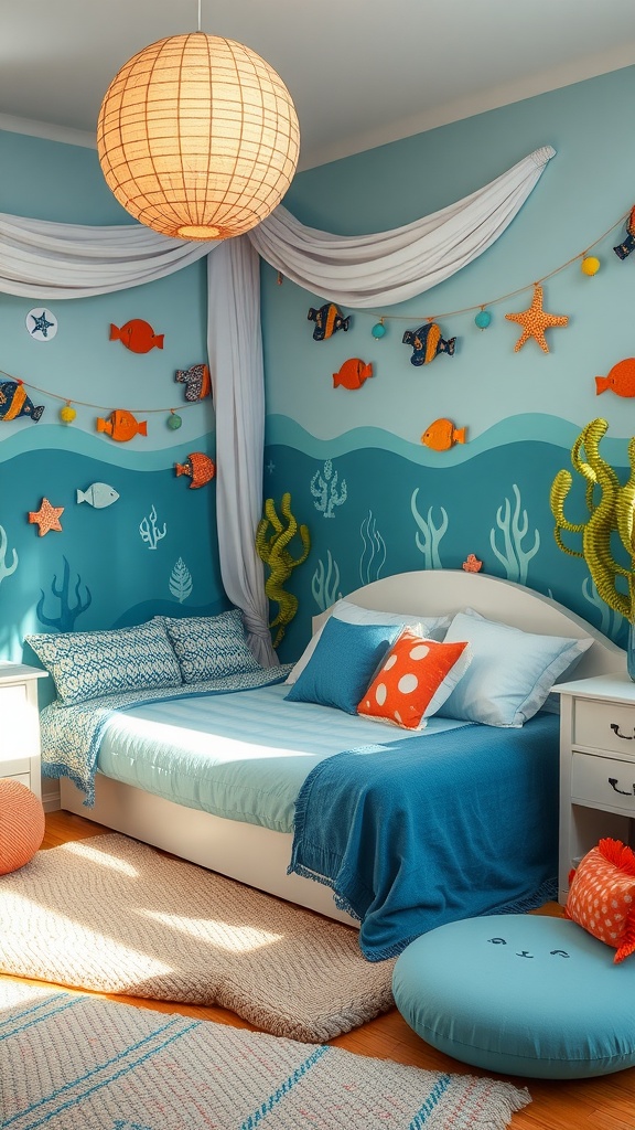 A cozy kids bedroom designed with an under the sea theme, featuring ocean blue walls, colorful fish decorations, and a comfortable bed.
