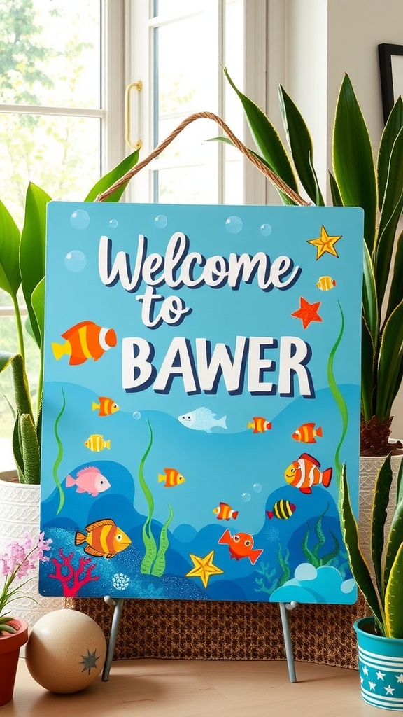 A colorful welcome sign featuring underwater sea life for a baby shower.