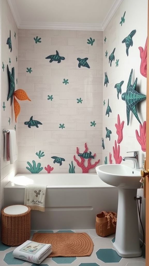 A playful kids bathroom with under the sea decorations featuring turtles and coral designs.