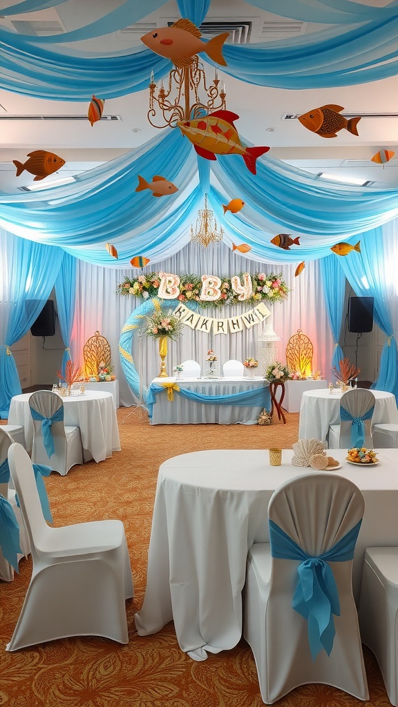 Decorated baby shower venue with under the sea theme, featuring blue drapes, fish decorations, and a 'Baby' banner.