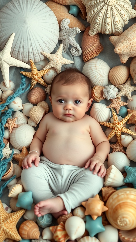 A baby lying on a bed of seashells and starfish in a nautical-themed photoshoot.