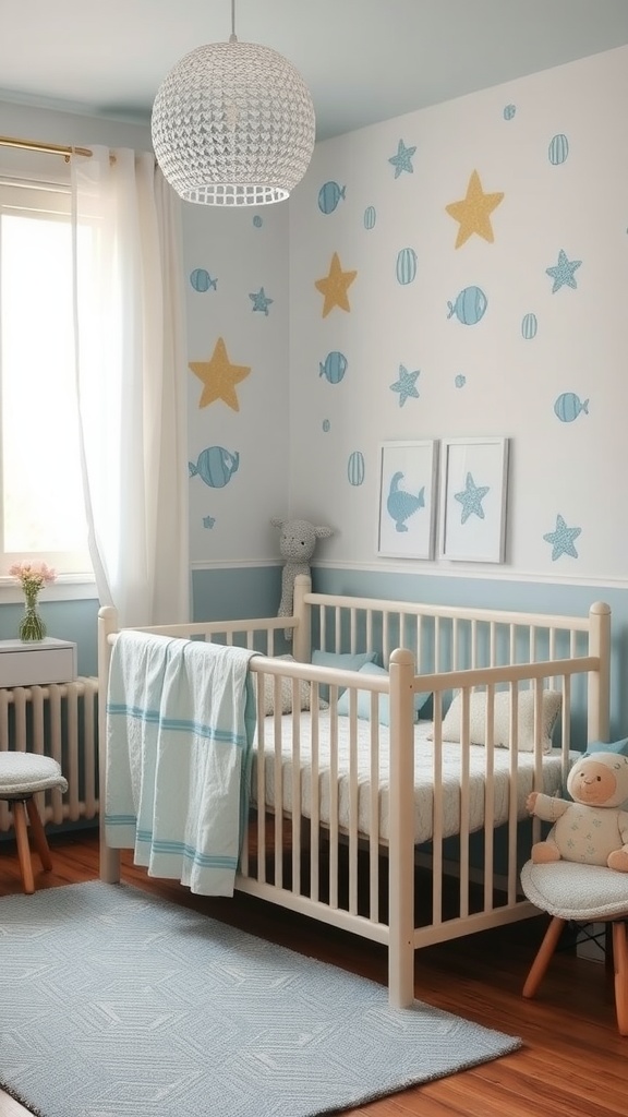 A baby boy's nursery decorated with under the sea themes, featuring a crib with soft textures, playful wall decor of fish and starfish, and warm natural lighting.