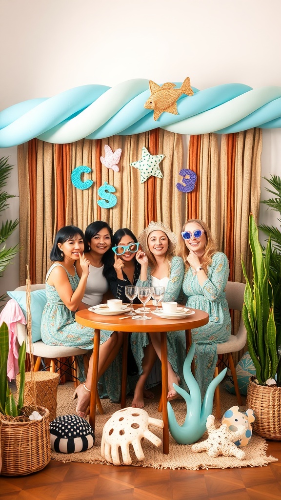 A group of women posing at an under the sea themed photo booth at a baby shower, surrounded by colorful decorations.
