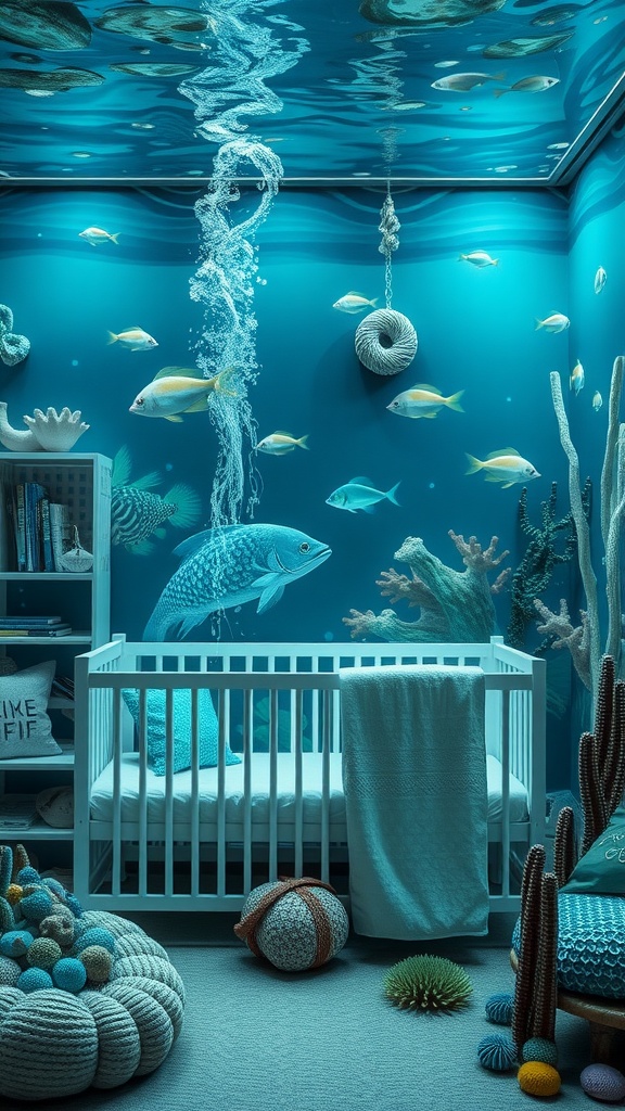 A baby boy nursery designed with an Under the Sea theme, featuring a crib, ocean-blue walls, and marine decor.