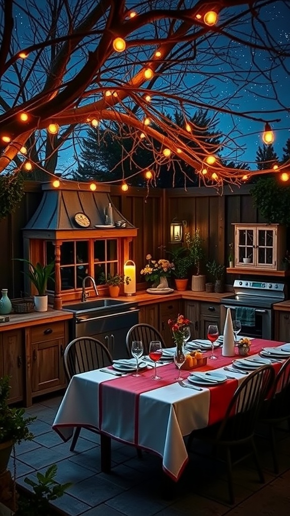 Outdoor dining setup with a table, string lights, and a kitchen area under the night sky.