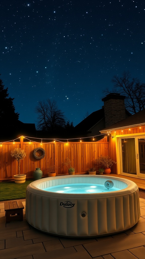 An inflatable hot tub in a backyard under a starry night sky