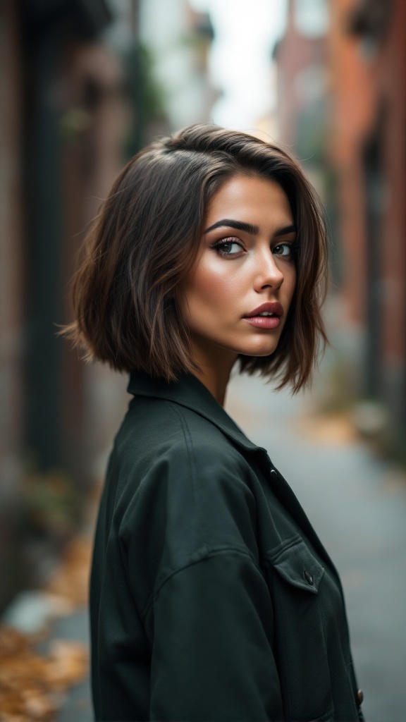 A woman with a sleek undercut bob hairstyle in a city alley.