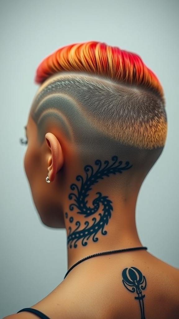 A close-up of a colorful undercut hairstyle featuring a design on a shaved side.