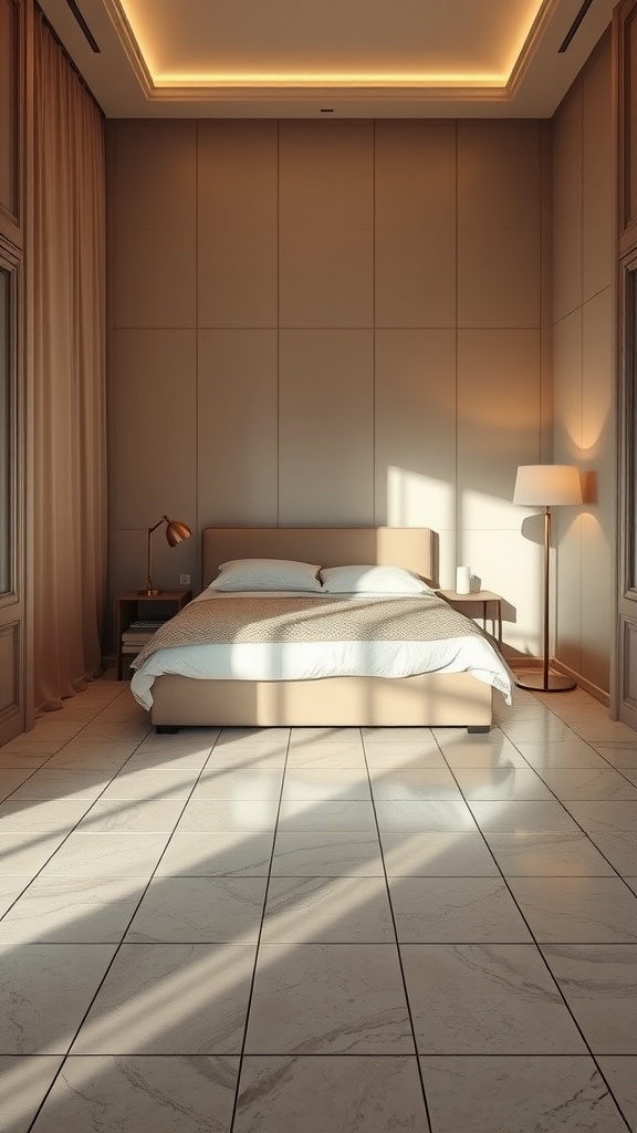 A cozy bedroom with a large bed and tiled floor, featuring underfloor heating options.