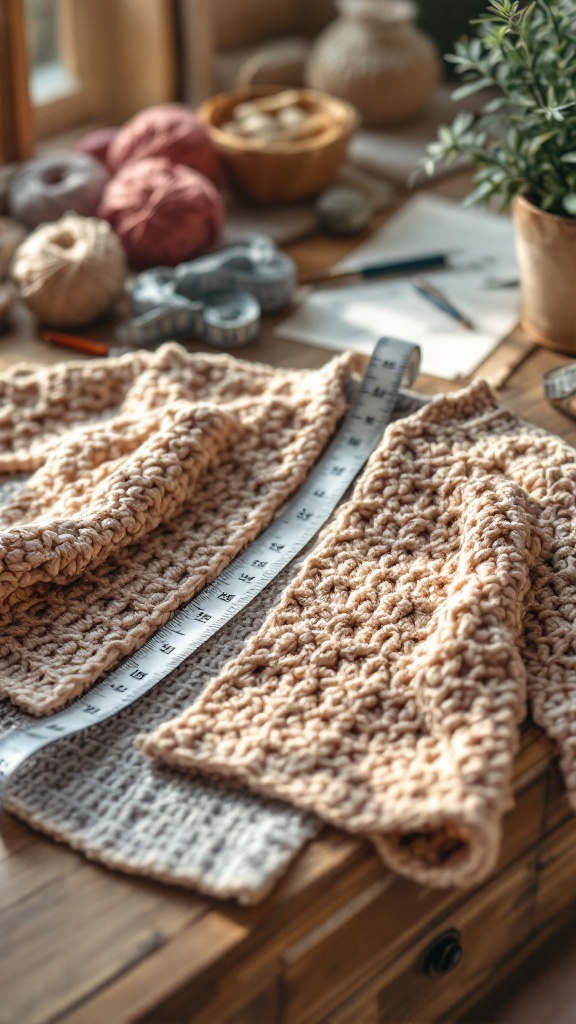 Crochet baby jacket pieces with a measuring tape on a wooden table