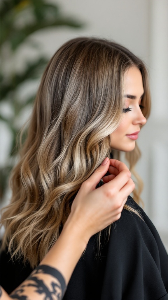 A stylist applying balayage technique to a woman's hair, showcasing a beautiful blend of platinum blonde.