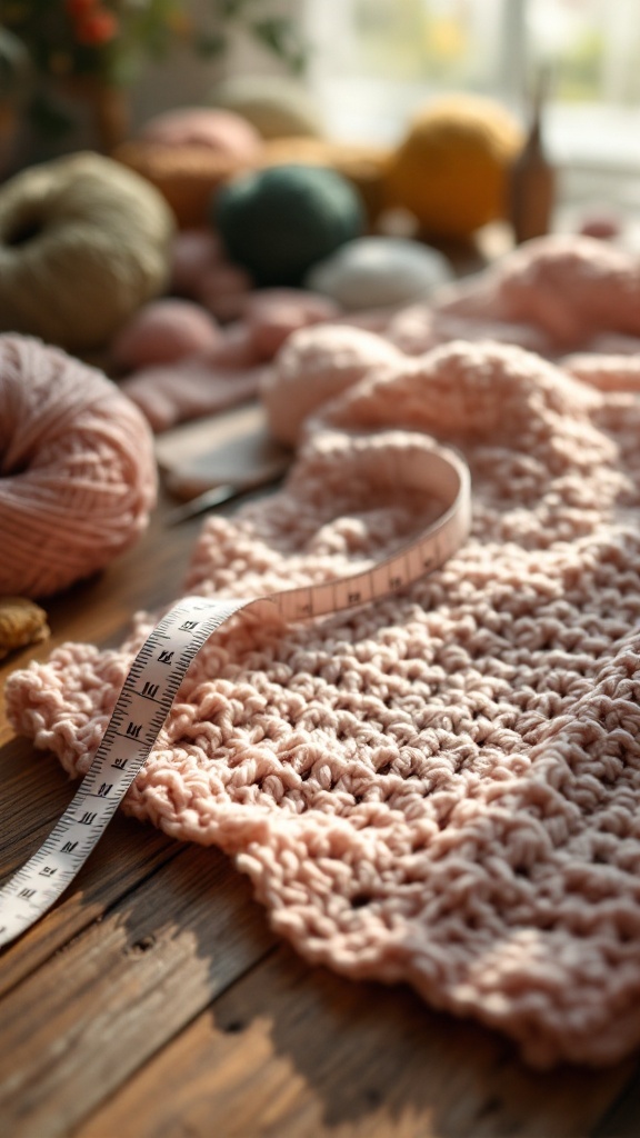 A crochet baby blanket with measuring tape next to it, surrounded by colorful yarn on a wooden surface.