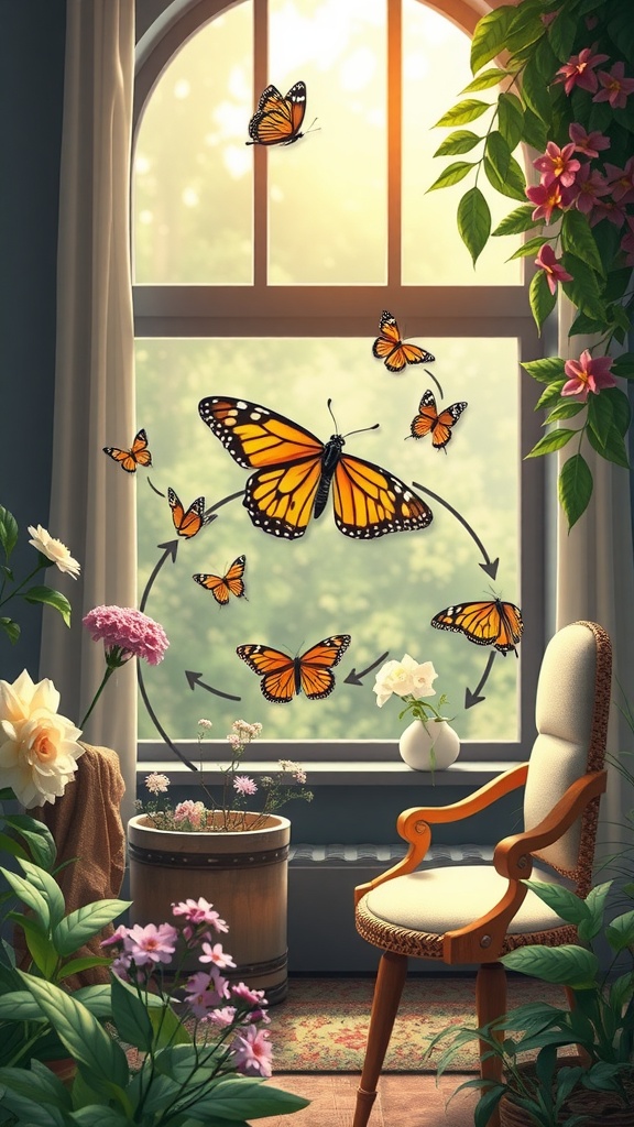 A butterfly nursery with butterflies flying around a window, showcasing the life cycle from egg to butterfly.