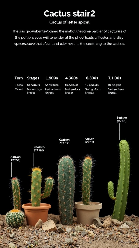 A variety of cacti in pots showcasing different growth stages and patterns.