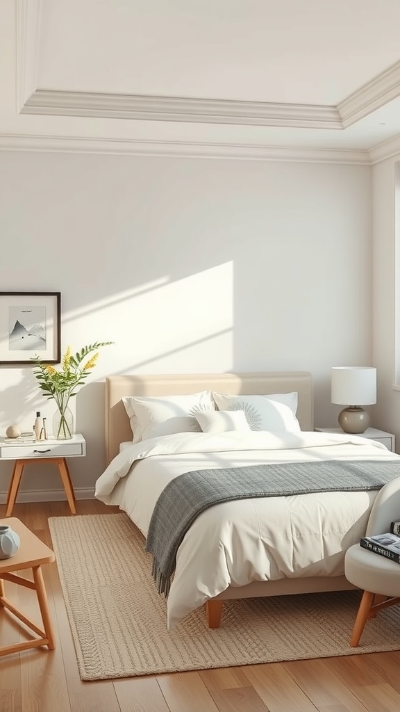 A serene bedroom with natural light, featuring soft colors and a cozy atmosphere.