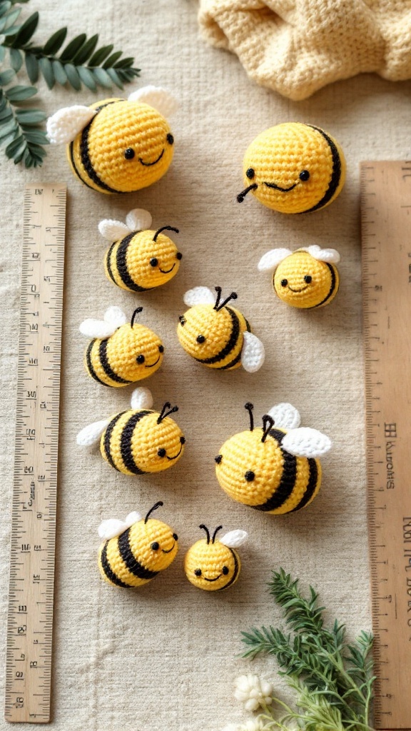A collection of crocheted bees in various sizes, displayed with a ruler for scale.