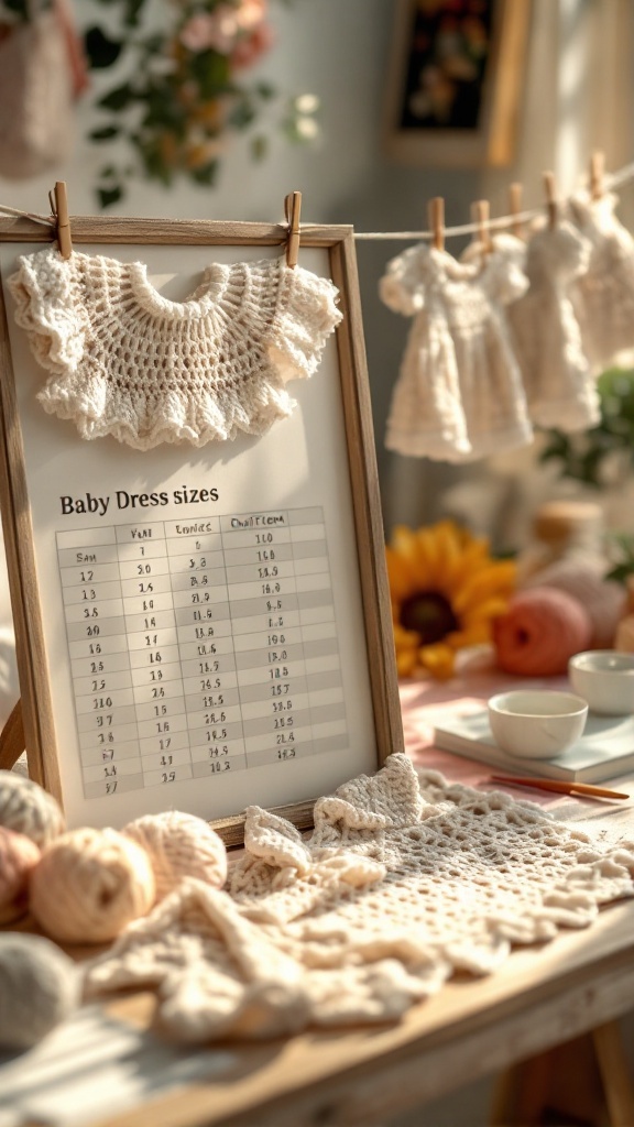 A display of crochet baby dresses with a size chart showing various measurements for different ages.