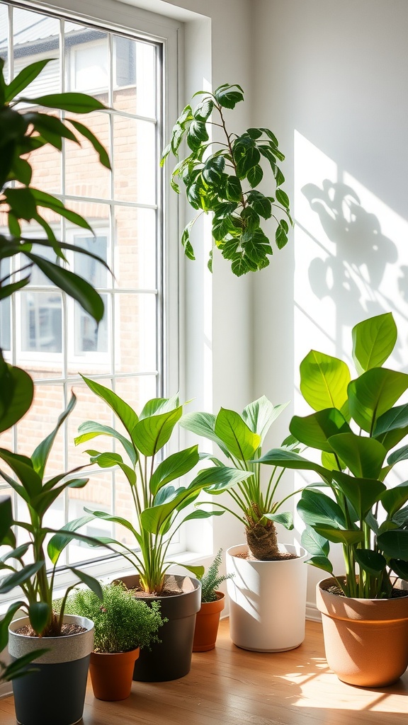 A bright room featuring various green houseplants near a large window, showcasing their need for natural light.