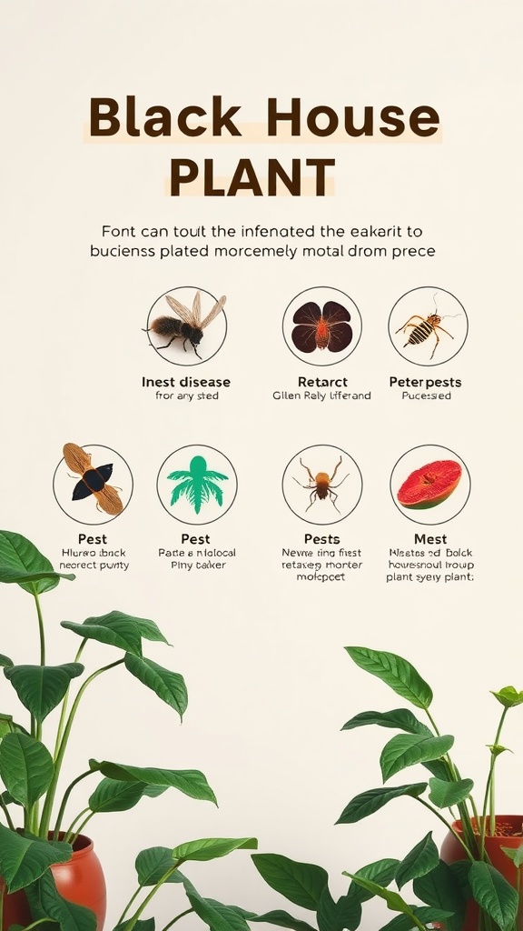 An infographic showing pests and diseases common to black house plants, along with black house plants in pots.