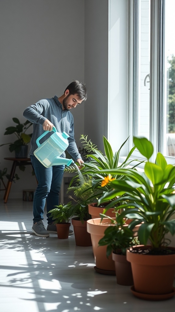A person watering indoor plants near a large window, showcasing plant care