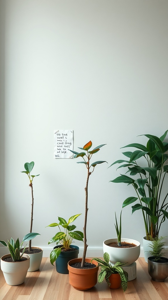 A collection of various indoor plants in different pots, showcasing their growth and diversity against a plain wall.